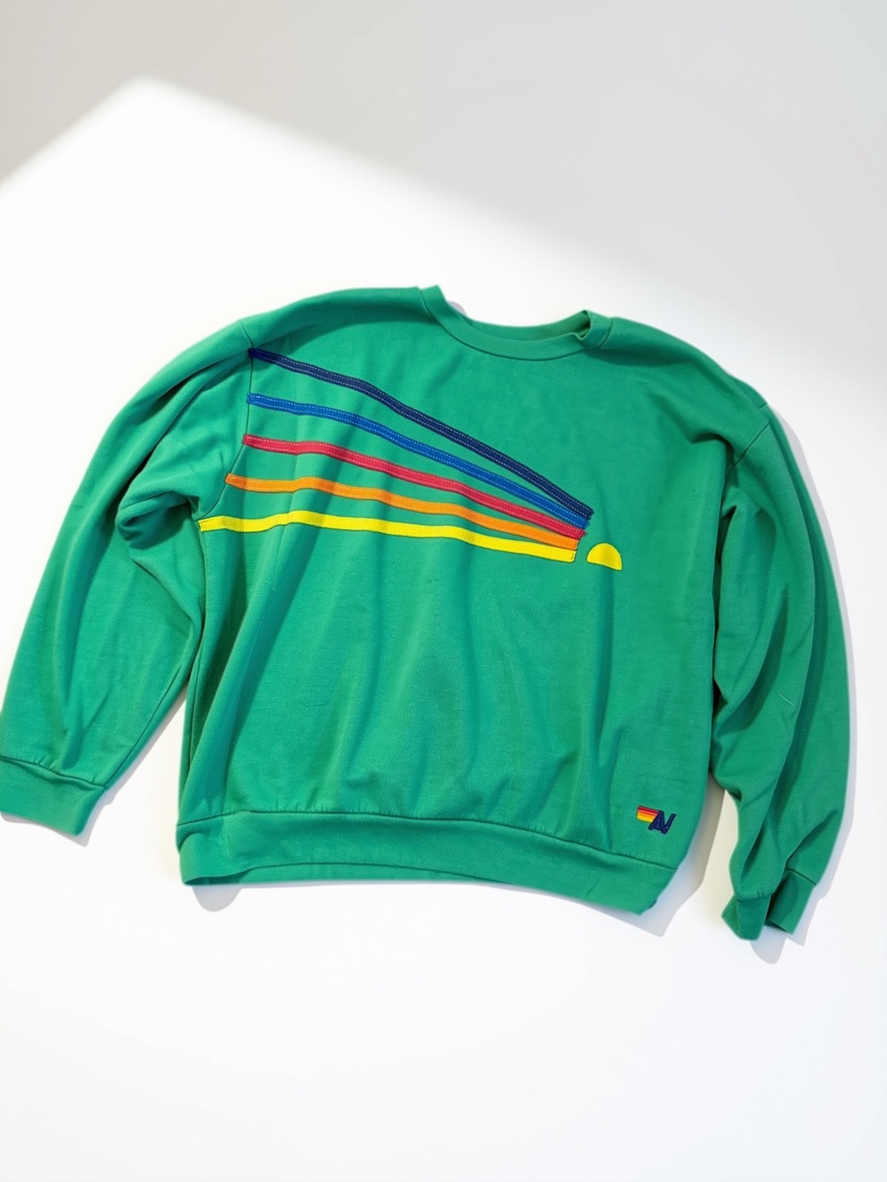 Aviator Nation Green Crewneck Sweatshirt with Rainbow Stripe Embroidery